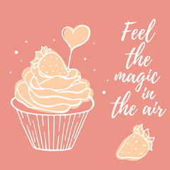 Vector illustration of tasty dessert with white wish text on color background. Sweet strawberry cupcake with golden cream and heart.