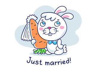 Obraz na płótnie Canvas Vector illustration of a cute white rabbit hugs carrot with bridal veil.