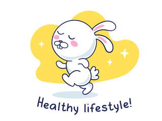 Vector illustration of a cheerful white rabbit is running with close eyes.