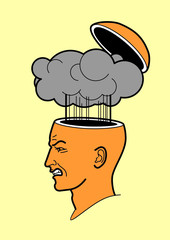 Human head. A man's brain is open. Form of an open human head. Profile man. Explosion in the head. Explosion in head. My brain is boiling. Smoke comes out of open head. Anger, aggression. Headache. 