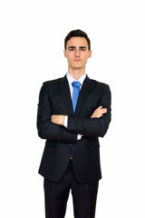 Studio shot of young handsome Caucasian businessman isolated against white background
