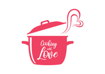 Cooking with Love pink inscription vector. Cooking with Love lettering design for kitchen vector. Cooking pot with heart icon isolated on a white background