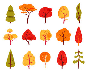 Autumn season yellow and red trees icon collection. Isolated flat cartoon vector set