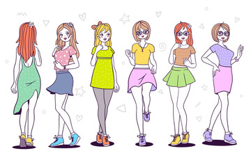 Vector illustration of many beautiful girls in different pose, angle and color clothes on white background.