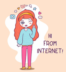 Vector illustration of a internet girl with social media service icon and text.