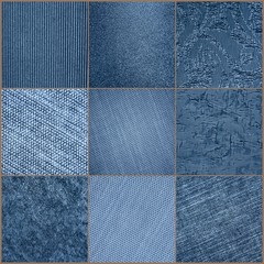 Collage of solid blue and light blue squares with different patterns textile texture. Template for the decoration of ceramic tiles and wallpaper design. High quality photo
