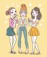 Vector color illustration of three beautiful fashion girls dressed in a blouse, skirt, trousers stand together.