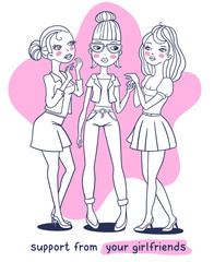 Vector monochrome illustration of three beautiful fashion girl friend on white background with pink star.