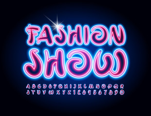 Fototapeta na wymiar Vector neon poster Fashion Show. Creative handwritten Font. Artistic electric Alphabet Letters and Numbers