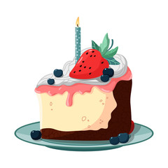 A slice of birthday cake with a burning candle. Sweet birthday cake with berries and pink cream. A small delicious cheesecake is on a blue saucer. Vector illustration isolated on white background.