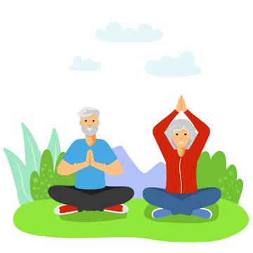 Elderly people doing sport flat vector illustrations concept. Old couple pensioners practicing doing exercises