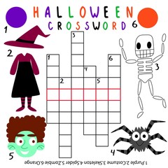 Halloween crossword with answer stock vector illustration. Amusing crossword with zombie, costume, spider, skeleton, purple and orange colors. Flat cartoon english word puzzle printable workshet