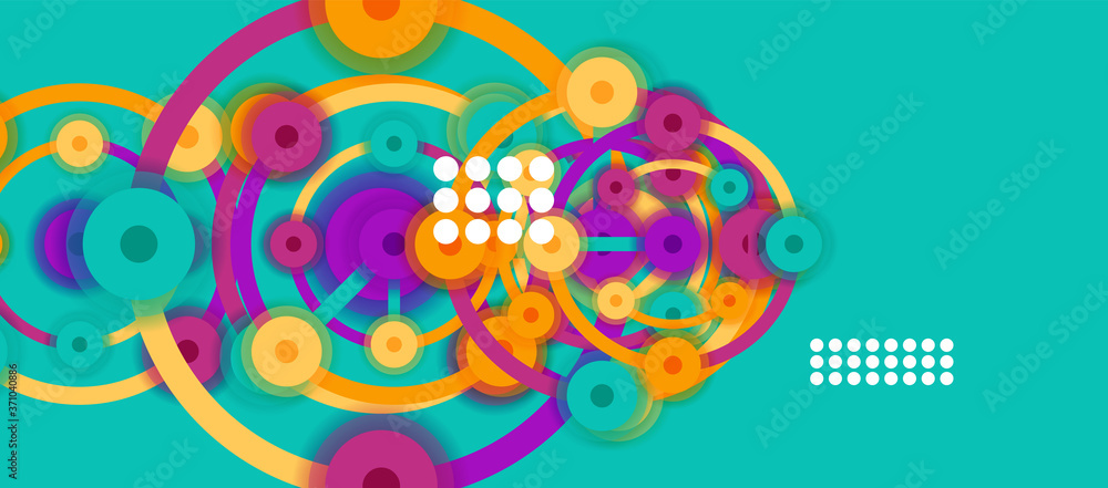 Poster flat style geometric abstract background, round dots or circle connections on color background. tech