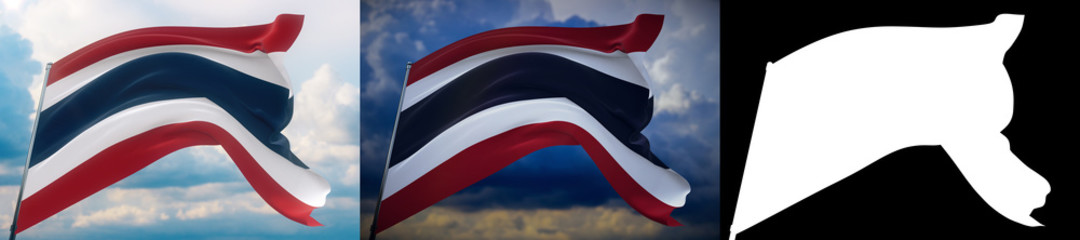 Waving flags of the world - flag of Thailand. Set of 2 flags and alpha matte image. Very high quality mask without unwanted edge. High resolution for professional composition. 3D illustration.