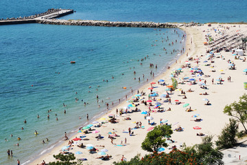 sea beach with tourists in Bulgaria, aerial photo