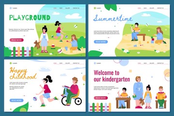 Set of web page templates for kindergarten and children summer playground with little kids, flat cartoon vector illustration. Preschool education landing pages.