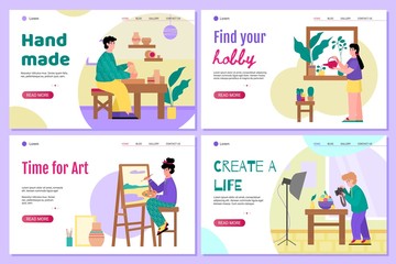 Creative hobby banner set - cartoon people doing art at home. Pottery, gardening, painting and photography website page template, vector illustration.