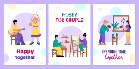 Creative hobby for couple - cartoon poster set with people on date playing music, doign pottery, photography and painting. Vector illustration of dating activities