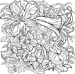 Floral coloring page. Narcissus flower, rose, lily and butterflies