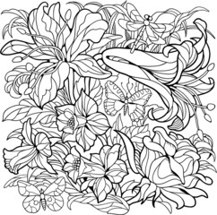 Floral coloring page. Narcissus flower, rose, lily and butterflies