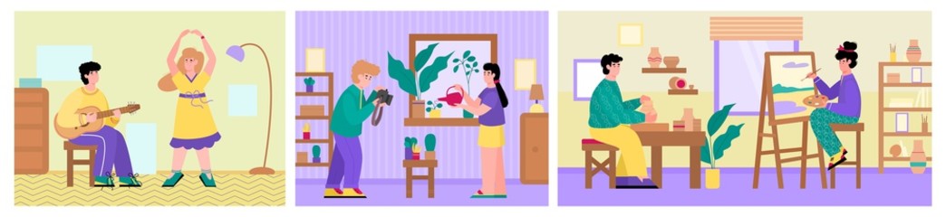 People with talents and skills enjoy their creative home hobby. Dancing and music, photography and plant care, pottery and painting indoors. Set of vector flat illustrations