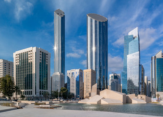 Abu Dhabi city downtown and landmarks   World Trade Center iconic towers and the Mall 