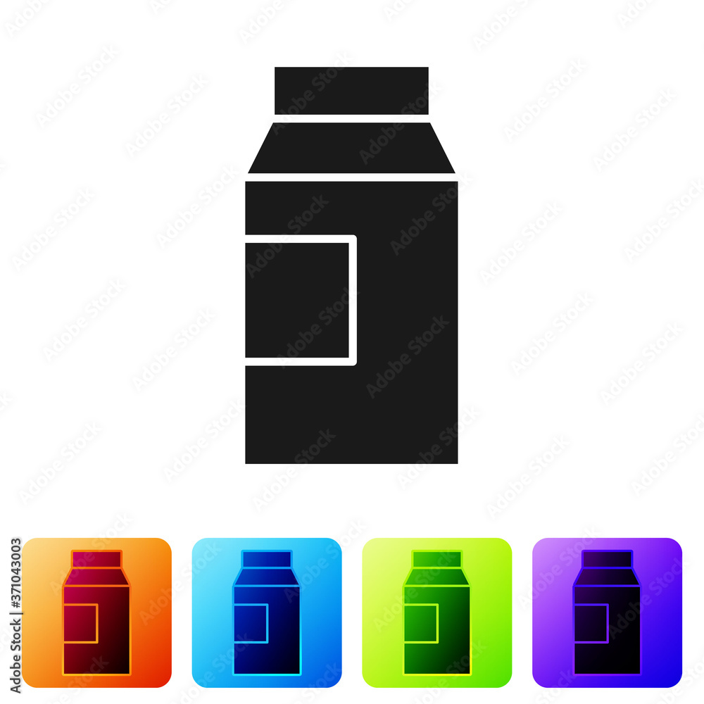 Poster black paper package for milk icon isolated on white background. milk packet sign. set icons in color