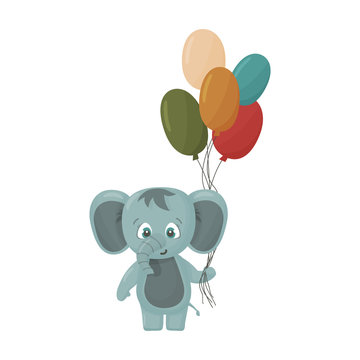 happy cute cartoon character elephant with colorful (green, yellow, gold, rose, red, blue) baloons on birthday for card or decoration
