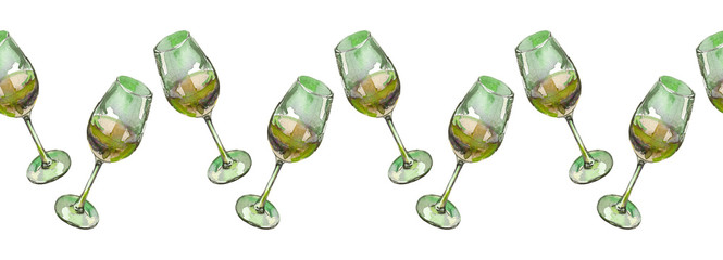 Seamless border of wineglasses with white wine, isolated on white. Watercolour illustration. For duct tape, cards, invitations, stationary and packaging design.