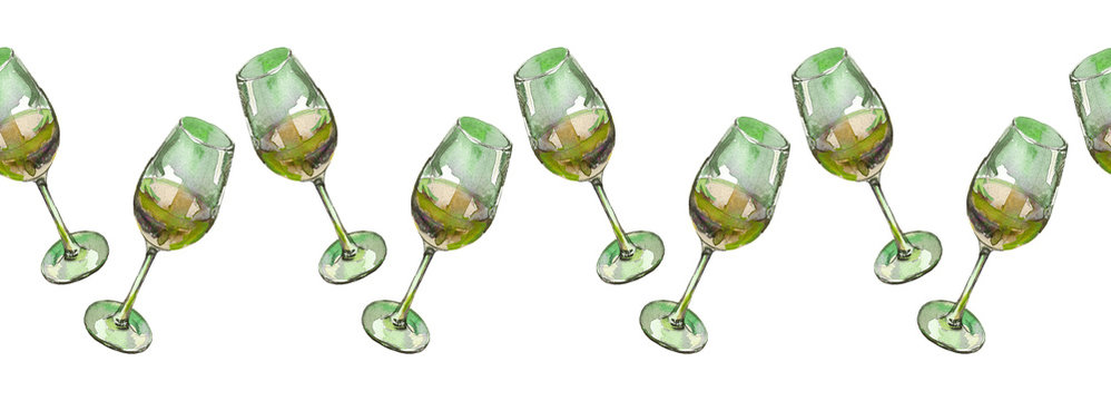 Seamless border of wineglasses with white wine, isolated on white. Watercolour illustration. For duct tape, cards, invitations, stationary and packaging design.