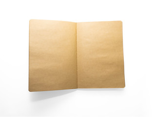 Open brown paper notebook with blank pages isolated on white background