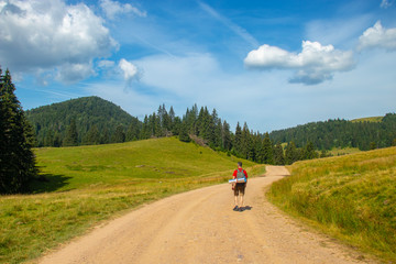 man hiking on a mountain road