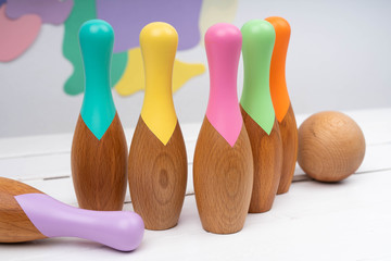 Bowling for children made of wood. Children's wooden toys.