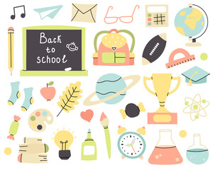 vector set of school hand drawn elements in flat and cartoon style with black lines. education collection. isolated on  white background.illustration for web,graphics, design.back to school.