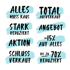 Handgeschriebene Phrasen Angebot, Reduziert, Ausverkauf, Alles muss raus, 50 % auf Alles, Schlussverkauf, Aktion als Logo. Lettering für Poster, Werbung, Web Banner, Ad, Label