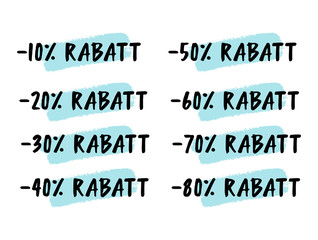 Handgeschriebenes Wort Rabat als Logo. Sale Tags Set 5%, 10, 20, 30, 40, 50, 60, 70. Lettering für Poster, Flyer, Werbung, Web Banner, Ad, Label