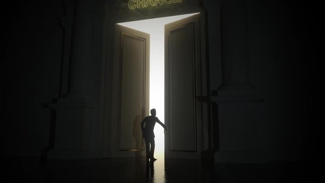 A silhouetted man approaches a large double door and opens it, revealing a large bright light behind. Above the doors is CHANGE with a swirling mist. 