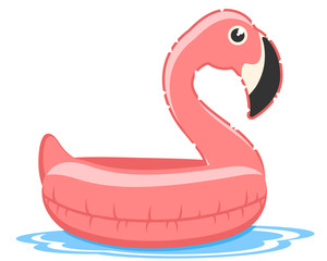 Pink inflatable flamingo floats on water on a white
