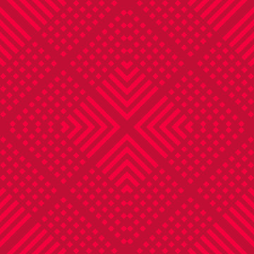 Vector Geometric Seamless Pattern With Squares, Lines, Grid, Diamonds, Repeat Tiles. Simple Red Ornament Texture. Abstract Background. Tribal Ethnic Motif. Design For Decor, Print, Wrapping Paper