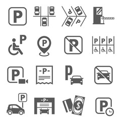 Parking area, fine, fee, forbidden sign line and bold icons set isolated on white. Auto barrier, garage. © Vikivector