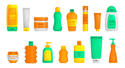 Sunscreen plastic jar, tube, bottles with dispenser mockups flat set. Sunburn protection.