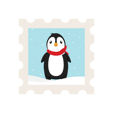 Cute Penguin Stamp Holiday Christmas Illustration Background