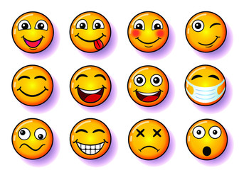 set of smiles, vector collection of smiling faces in yellow color, with pink shadow and gradient, funny faces illustration for social media, for your design.