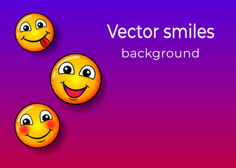 Happy faces on pink background, vector smiling faces on purple pink gradient backdrop, copy space, for your funny text web, banner, social media design