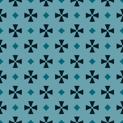 Fototapeta na wymiar Simple geometric floral seamless pattern. Abstract vector ornament with small flower silhouettes, crosses, diamonds. Teal and black color. Elegant texture in gothic style. Design for decor, textile