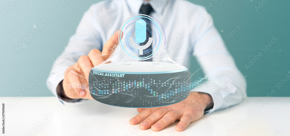 Poster businessman holding a vocal assistant and wave equaliser - 3d rendering