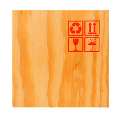 Wooden box with signs and symbols for transportation isolated on white background