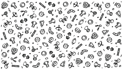 Abstract Doodle Drawn Collection Sport Hockey Dumbbell Cup Bicycle Medal Sketch Vector Design Style Background Healthy Lifestyle Fitness Illustration