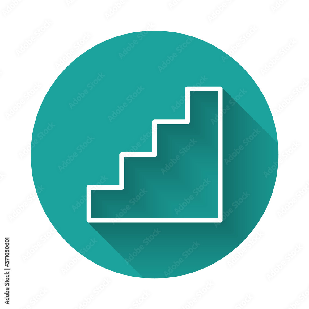 Poster white line staircase icon isolated with long shadow. green circle button. vector.