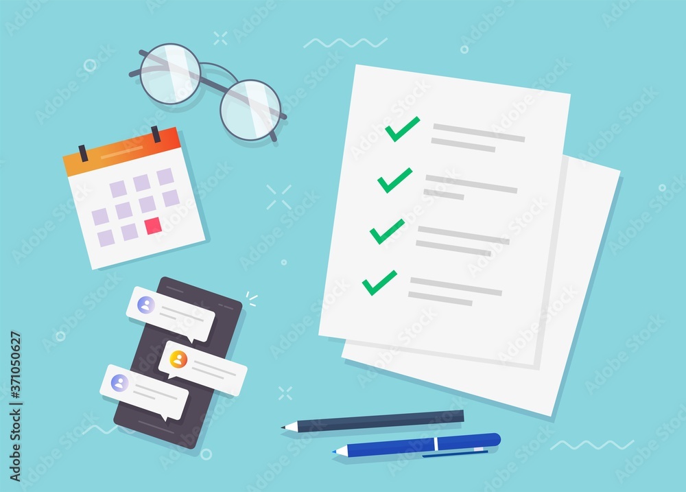 Poster check list checkmarks as to do task form paper sheet on desk table vector, completed things done, ti